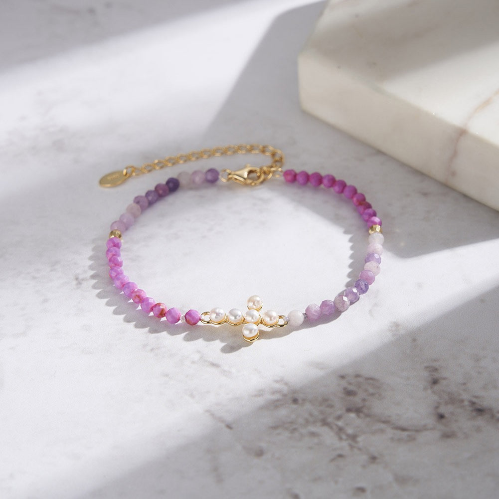 Sterling Silver Natural Stone Beads Cross Bracelet