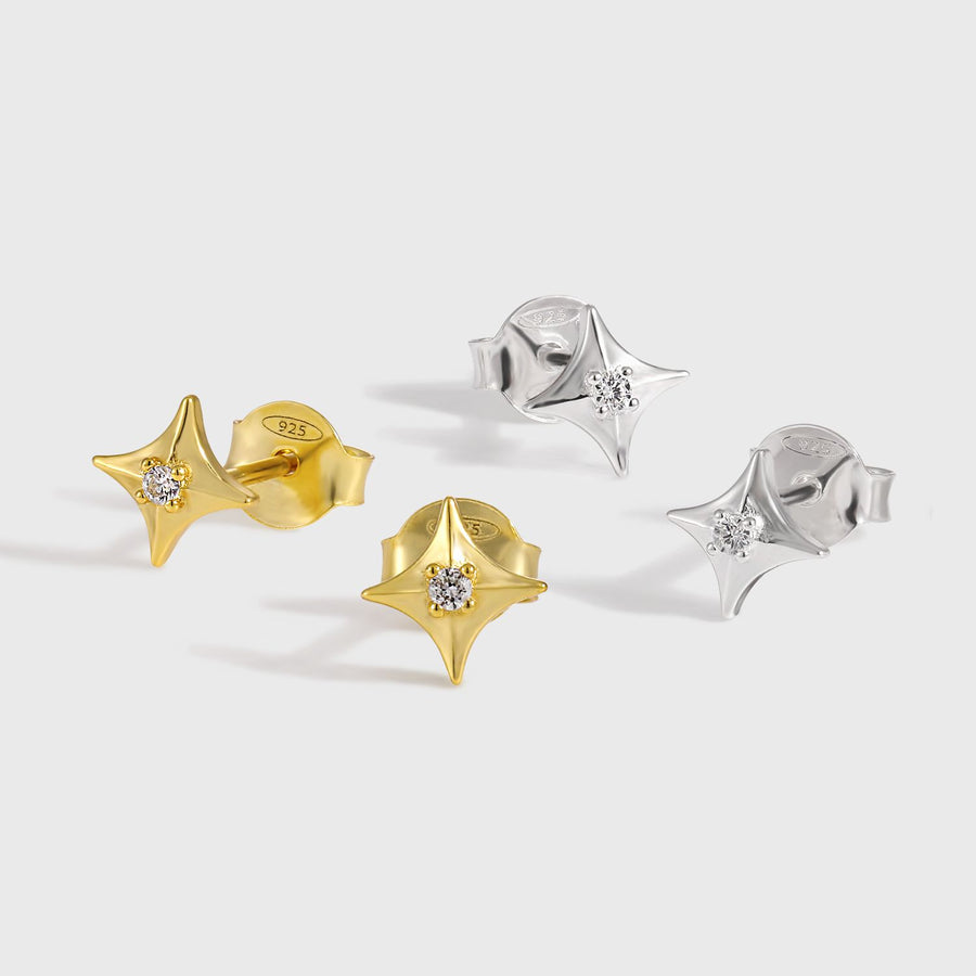Four-Pointed Star Crystal Sterling Silver Stud Earrings