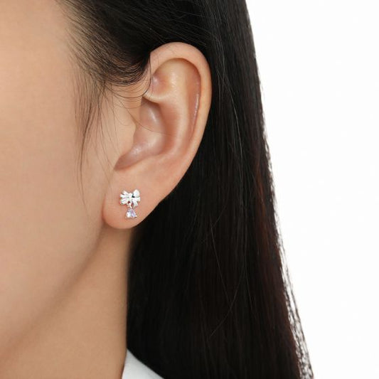 Sweet Bow-Knot Heart CZ Drop Stud Earrings