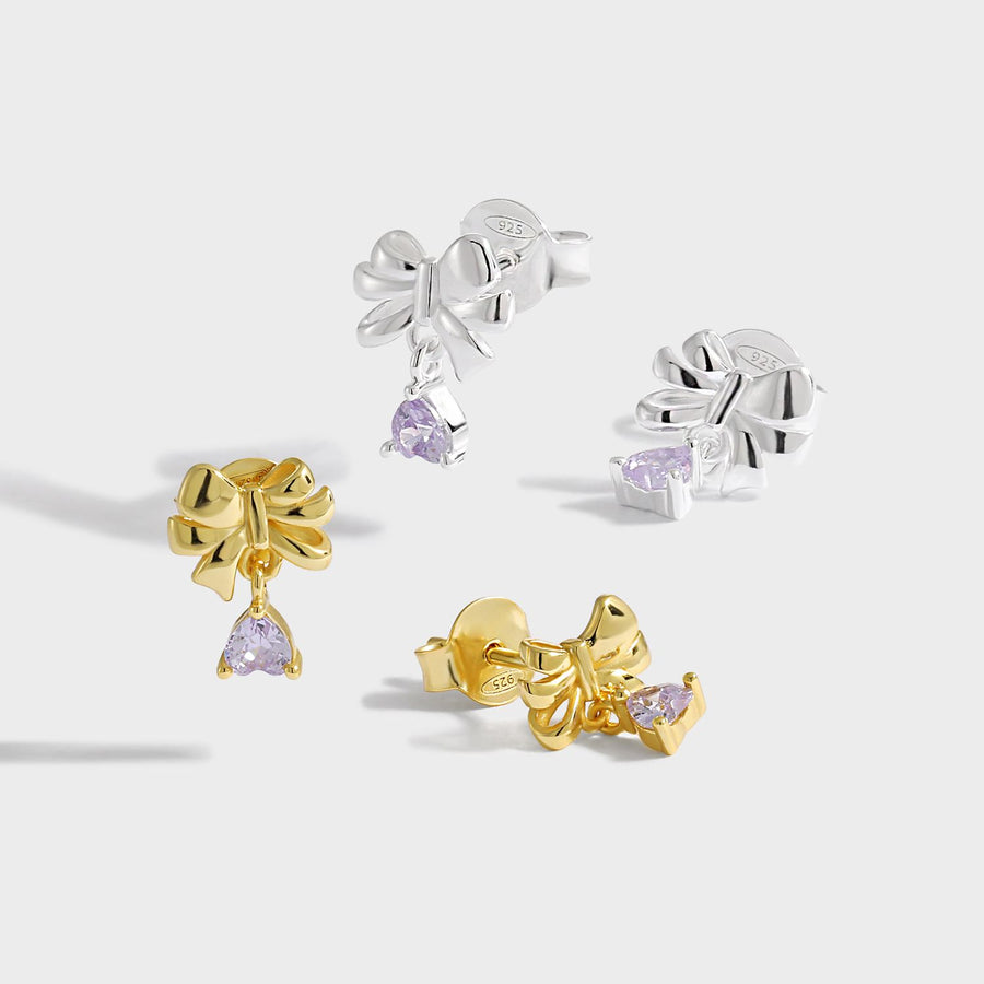 Sweet Bow-Knot Heart Crystal Drop Stud Earrings