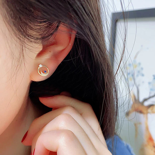 Gold Plated Sterling Silver Moon Round Stud Earrings
