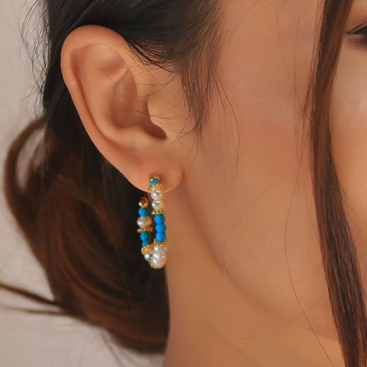 Gold Plated Sterling Silver Natural Turquoise Baroque Pearl Hoop Earrings