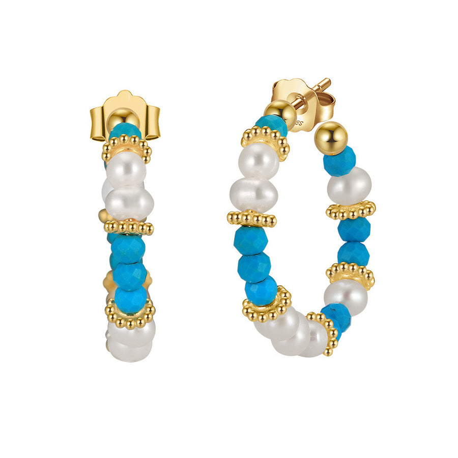 Gold Plated Sterling Silver Natural Turquoise Baroque Pearl Hoop Earrings