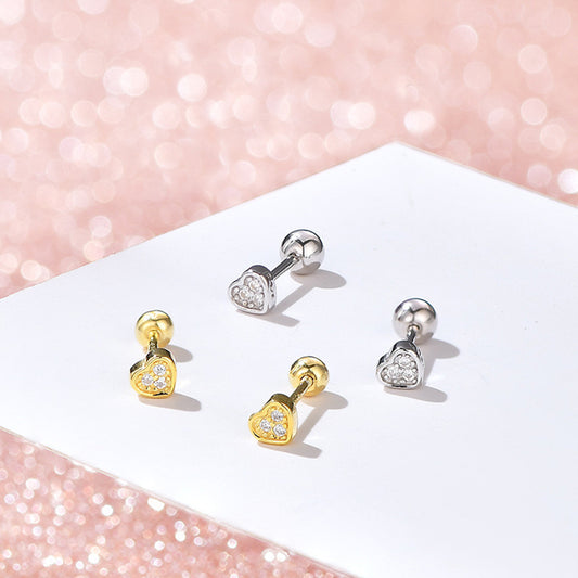 Sterling Silver Heart Ball Piercing Screw Back Earrings