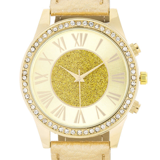 Shira Crystal Leather Watch with Gold Strap