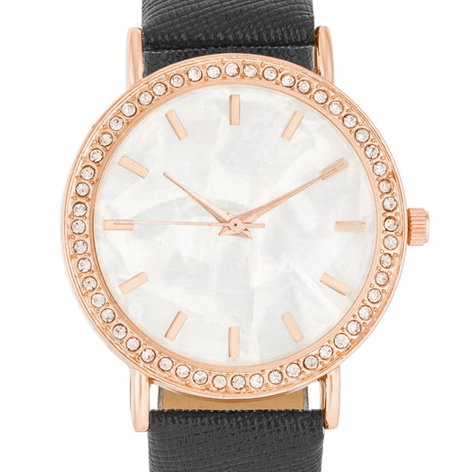 Rose Gold Shell Pearl Watch with Crystals