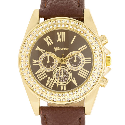 Brown Leather Crystal Watch