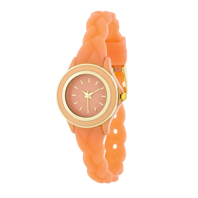 Carmen Braided Watch with Coral Rubber Strap