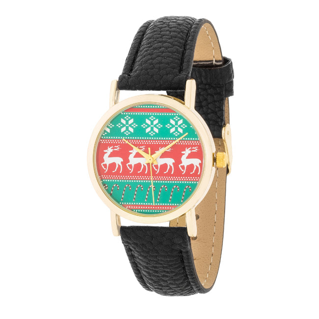 Gold Holiday Watch with Black Leather Strap