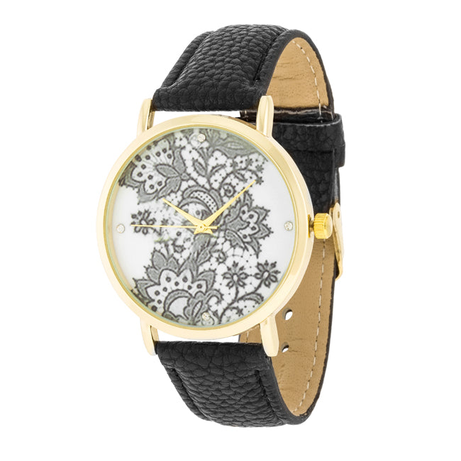 Gold Watch with Floral Dial