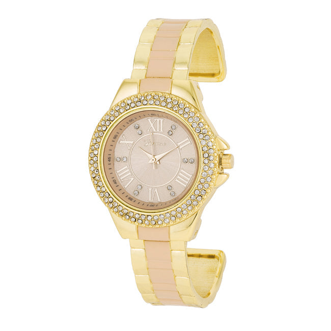 Gold Metal Cuff Watch with Crystals, Beige