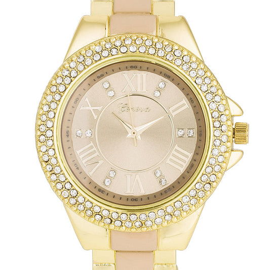 Gold Metal Cuff Watch with Crystals, Beige