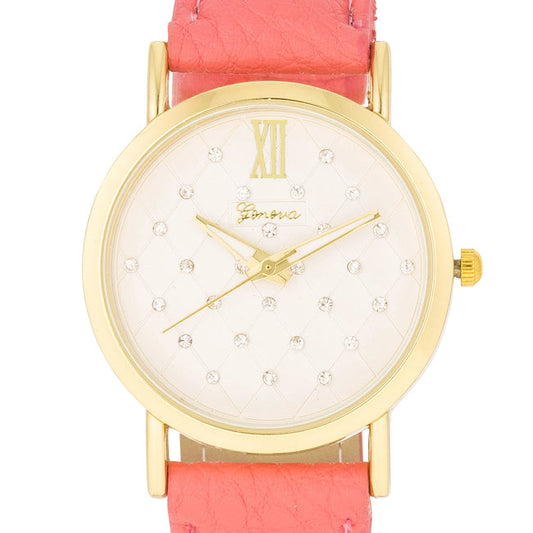 Gold-Tone Coral Leather Watch