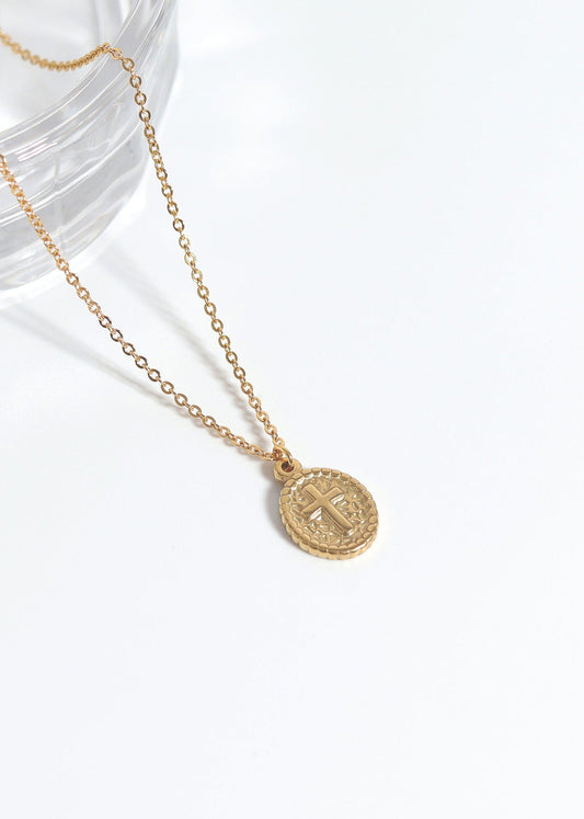 18K Gold PVD Textured Medallion Cross Charm