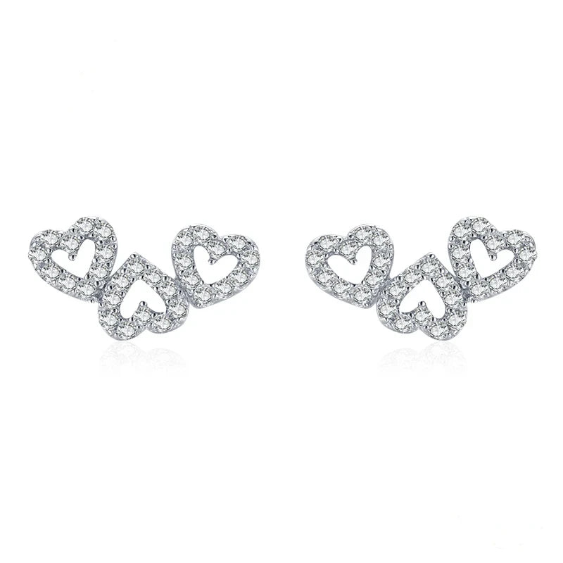 Sterling Silver Hollow Three Heart Stud Earrings