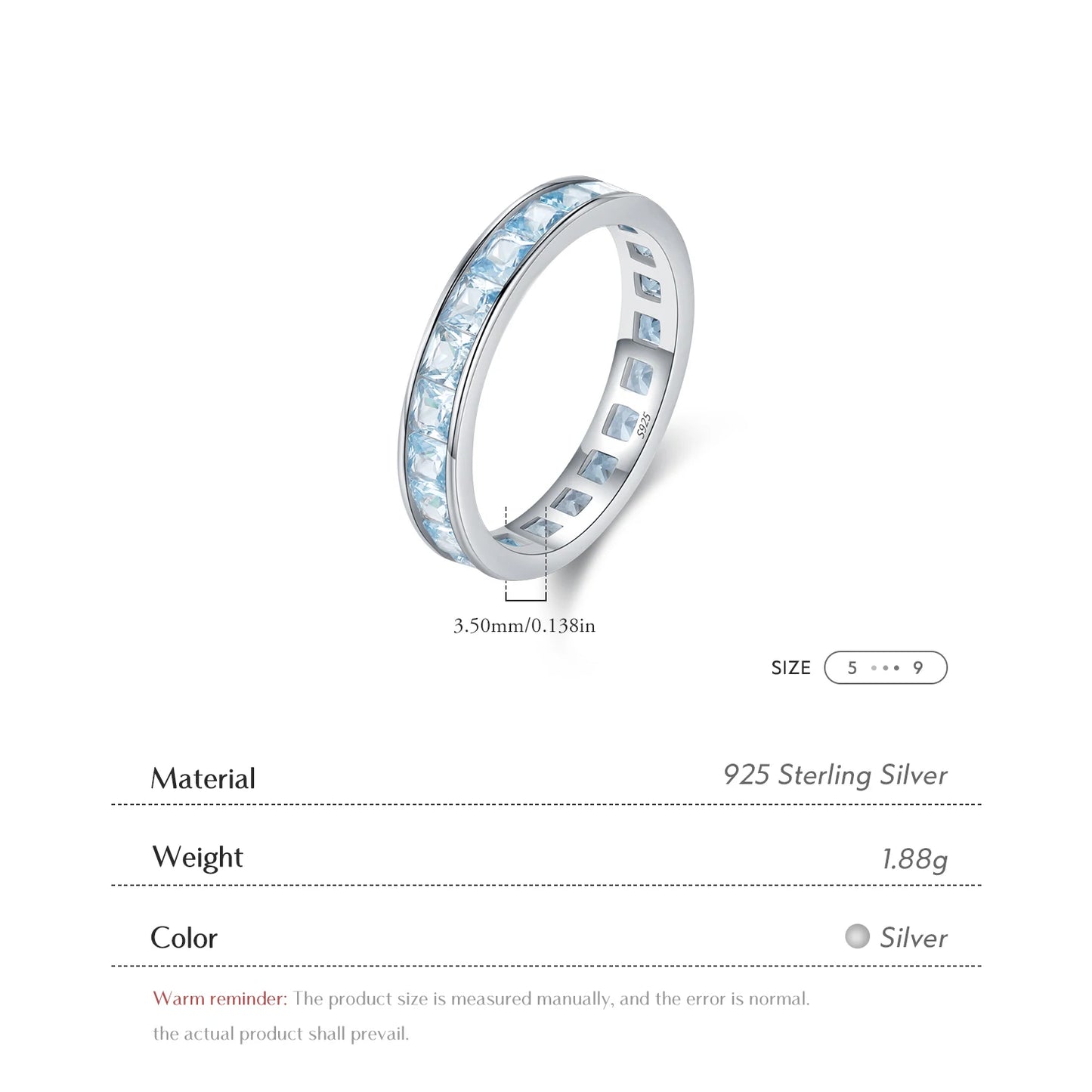 Sterling Silver Blue Princess Eternity Ring
