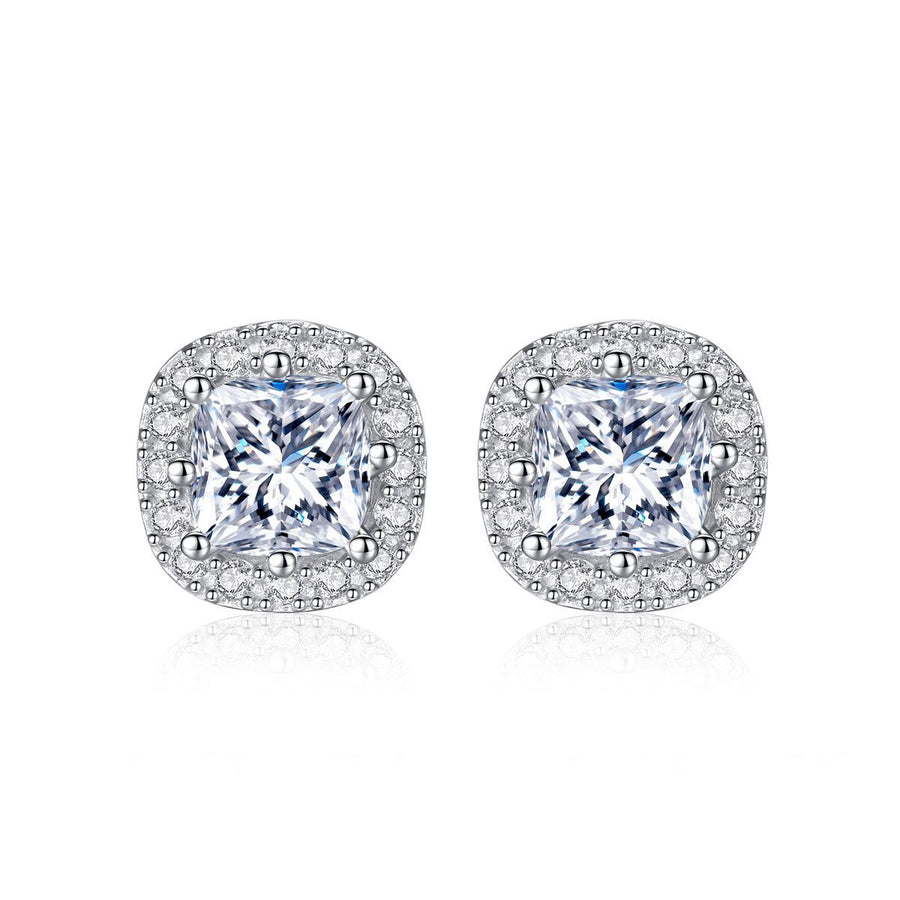 Square Round Crystal Sterling Silver Stud Earrings