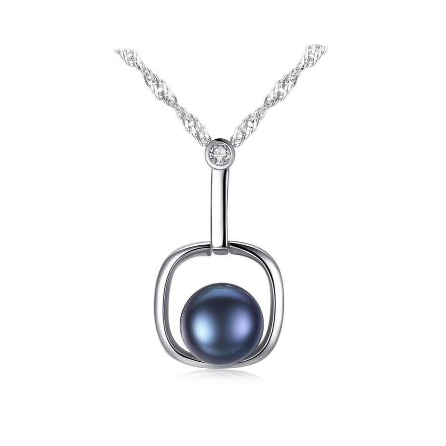 Round Natural Pearl in Square 925 Sterling Silver Necklace