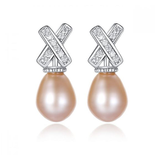 X CZ Natural Pearl Dangling Earrings in 925 Silver