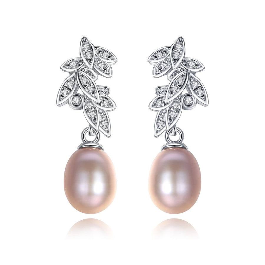 Crystal Leaf Freshwater Pearl 925 Silver Dangling Earrings
