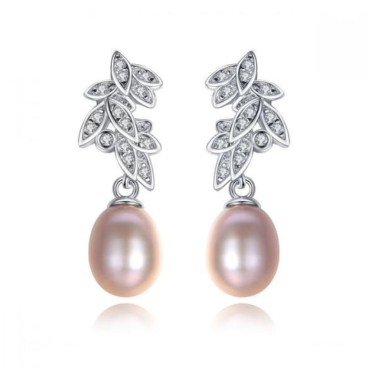 CZ Leaf Freshwater Pearl 925 Silver Dangling Earrings