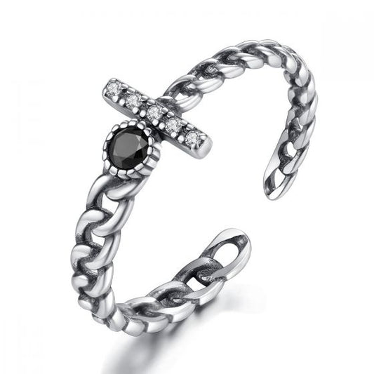 Vintage Black CZ .925 Sterling Silver Adjustable Chain Ring