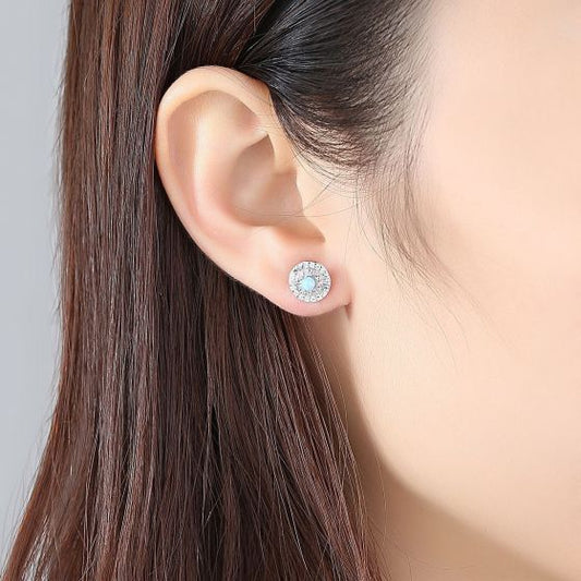Created Opal Round Disc Stud Earrings, 925 Sterling Silver