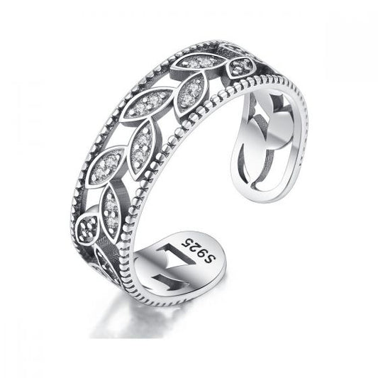Vintage CZ Leaf Sterling Silver Adjustable Ring