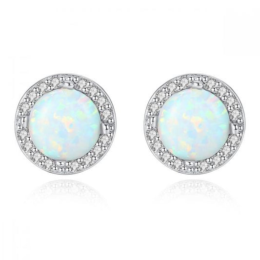 Round Opal and Cubic Zirconia Sterling Silver Stud Earrings