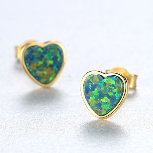 Classic Round Heart Natural Opal 925 Sterling Silver Stud Earrings