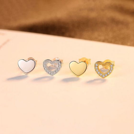 Asymmetry Hollow Heart CZ Sterling Silver Stud Earrings