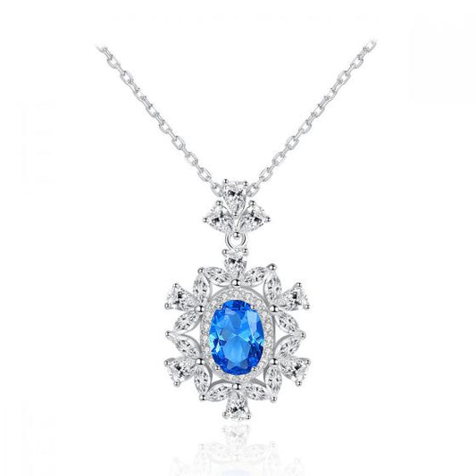 Oval Treated Crystal Flower 925 Sterling Silver Necklace