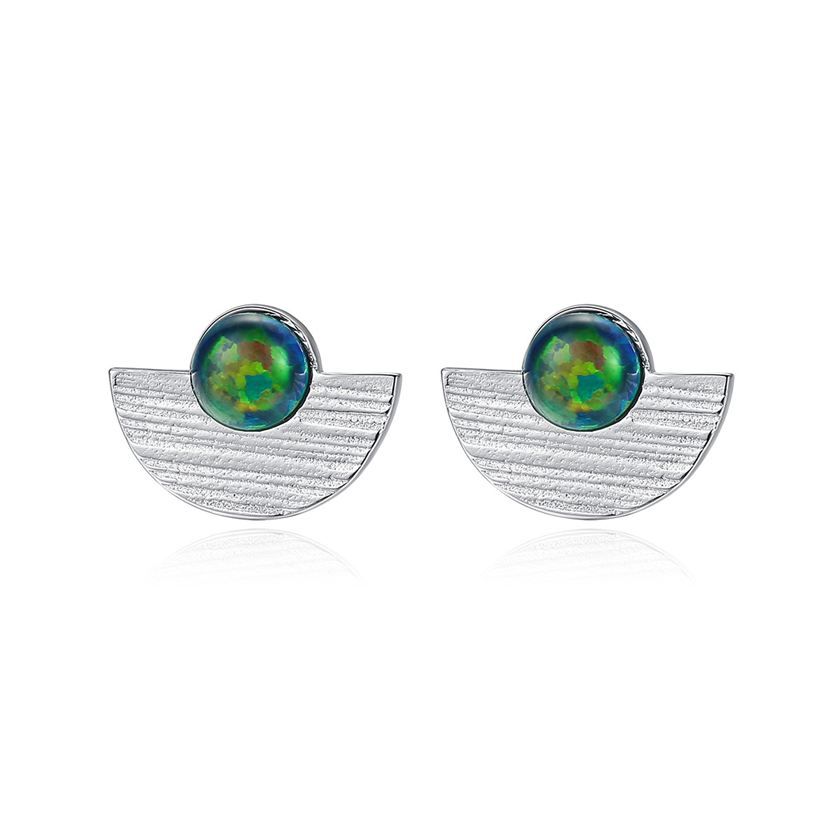 Semicircle Created Opal Round Sterling Silver Stud Earrings