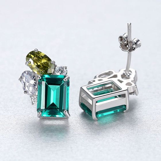 Green CZ Rectangle Sterling Silver Stud Earrings