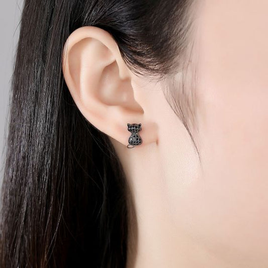 Black CZ Cat 925 Sterling Silver Stud Earrings