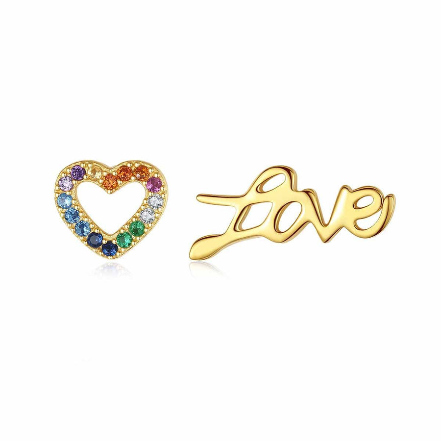 Asymmetrical Colorful Crystal Heart and Letter Sterling Silver Stud Earrings