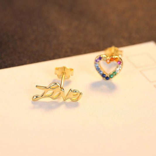 Asymmetrical Colorful CZ Heart and Letter Sterling Silver Stud Earrings