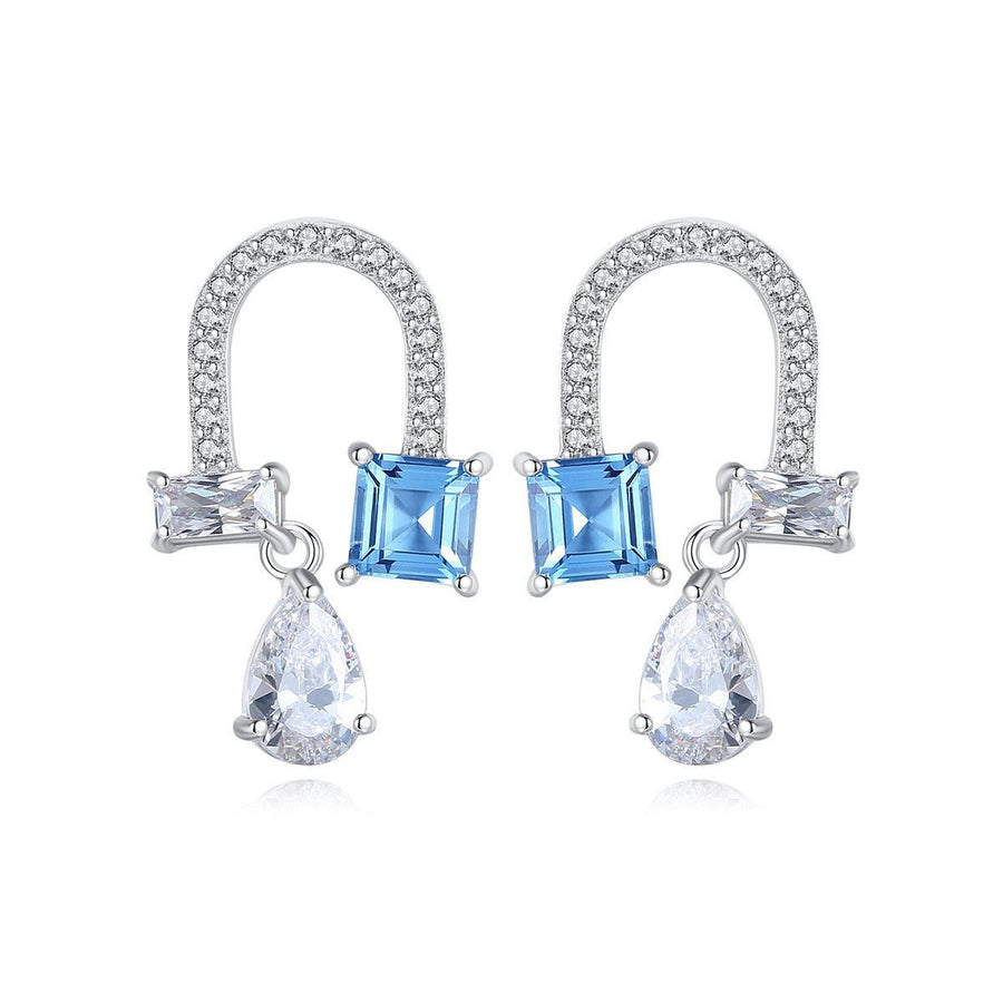 Blue Created Topaz Waterdrop U-Shape Sterling Silver Earrings