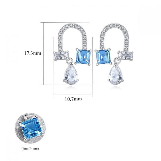 Blue Created Topaz Waterdrop U-Shape Sterling Silver Earrings