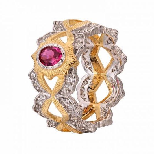 Oval Created Ruby Sun Cross Ring in 925 Sterling Silver