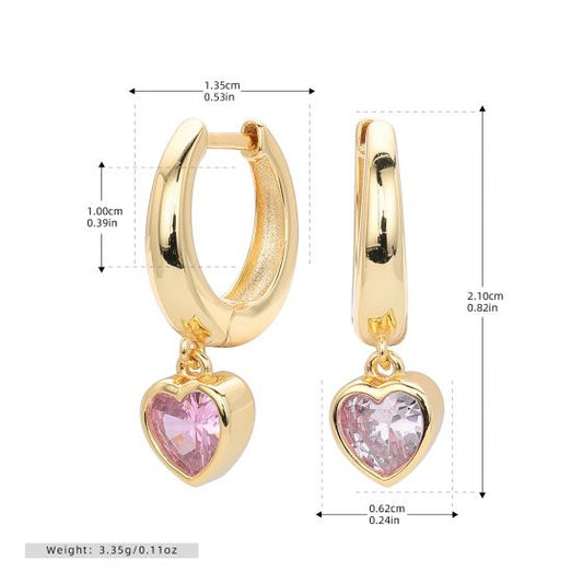 Heart Pink Cubic Zirconia Dangle Hoop Earrings in 925 Sterling Silver