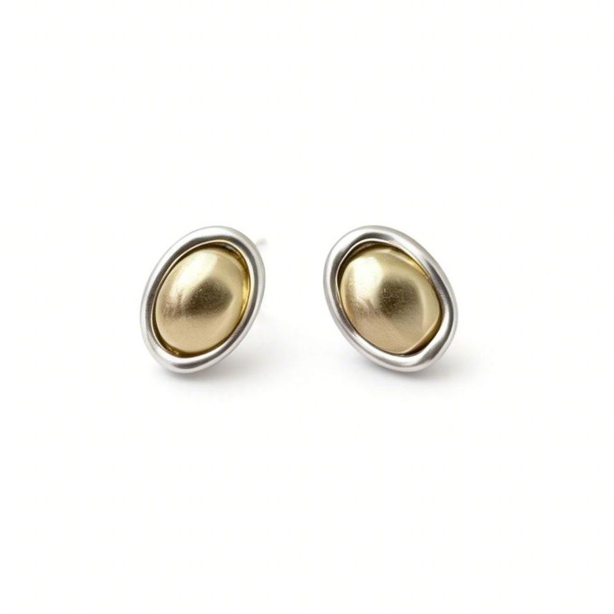 Geometric Gold and Silver Oval Stud Earrings