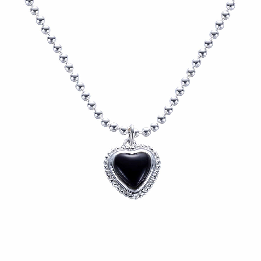 Black Agate Heart Necklace, 925 Sterling Silver