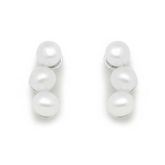 Three Half-Round Natural White Pearl Sterling Silver Stud Earrings