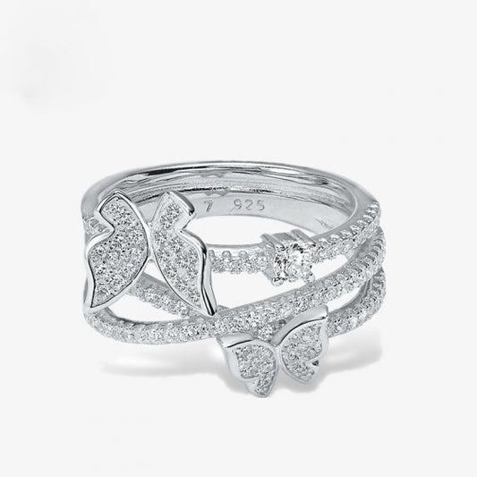 Micro-Set CZ Butterfly Triple-Layer Cross Ring