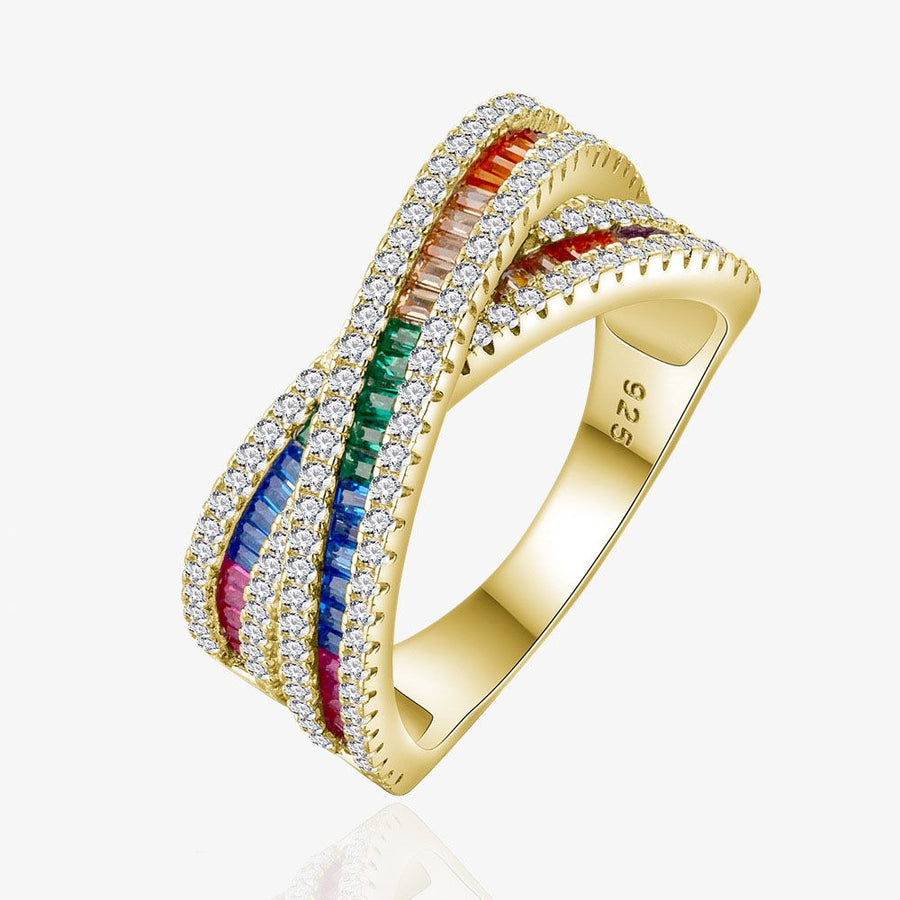 Rainbow Crystal Cross 925 Sterling Silver Adjustable Ring