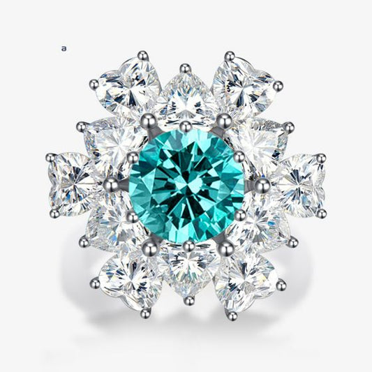 Paraiba Emerald Created High Carbon Diamond Ring, 8mm, 925 Sterling Silver