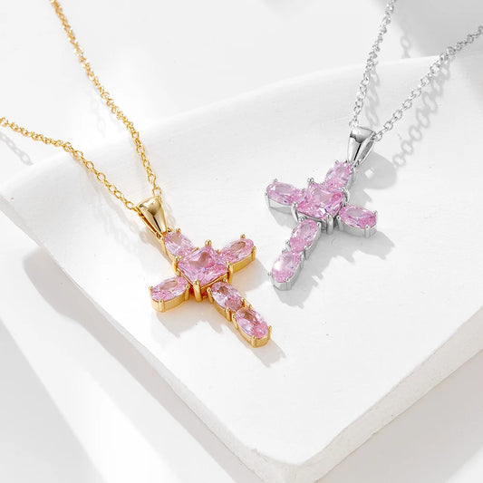 Sterling Silver Pink Cross Pendant Necklace