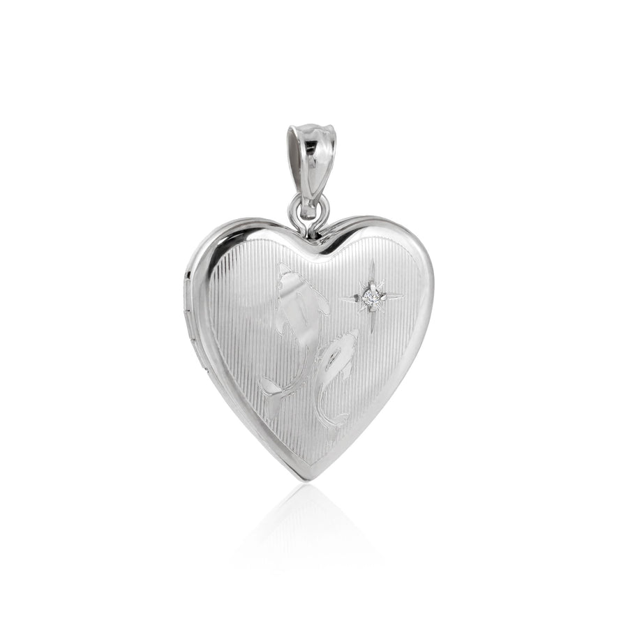 Mother and Child Dolphin Locket Pendant with Crystal Star, 925 Sterling Silver