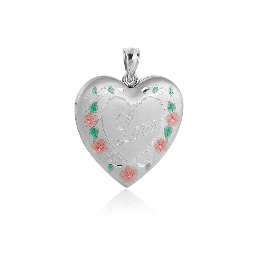Heart Locket with Red Flowers and Green Leaves 925 Sterling Silver